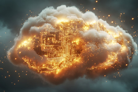3d cloud design featuring circuit board elements and glowing data streams symbolizing tech storageの写真素材