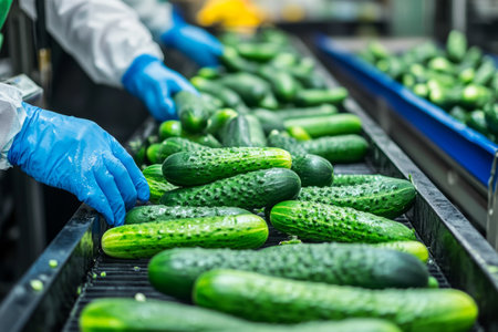 Workers in protective gear harvest fresh cucumbers at a modern food production facilityの写真素材