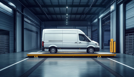 White van positioned on a loading platform of a modern warehouse in professional photographyの写真素材