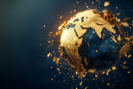3d rendering of the earth fragmenting in gold on dark blue, symbolizing sustainable retail marketing