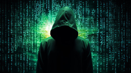 Mysterious hooded figure silhouetted against binary code, evoking hacker themes with design space