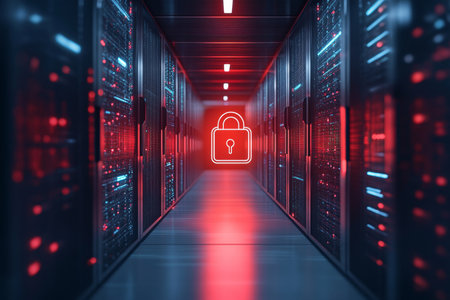 3d render of a red padlock icon in a digital data center representing security conceptの写真素材