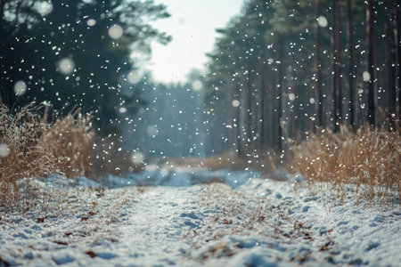 Stunning winter landscape snowflakes dance on a sunny day amidst a blurred forest backgroundの写真素材