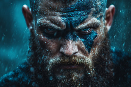 Intense portrait of an angry viking with dramatic lighting and bokeh effect in a dark atmosphere