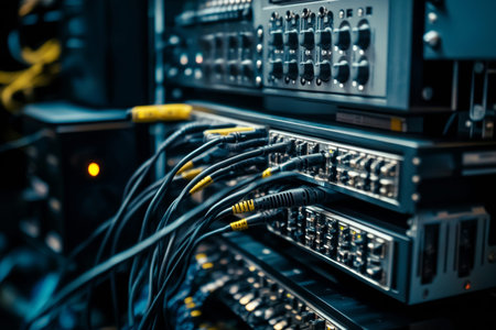 Close up of black and silver audio cable management in a computer rack for video and podcast studios