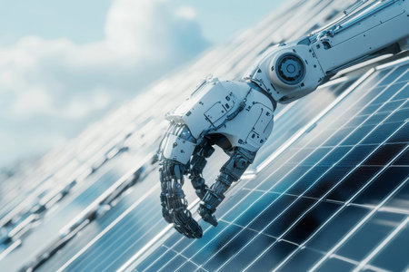 Futuristic photovoltaic panel factory featuring solar panels on a robotic arm in a white theme