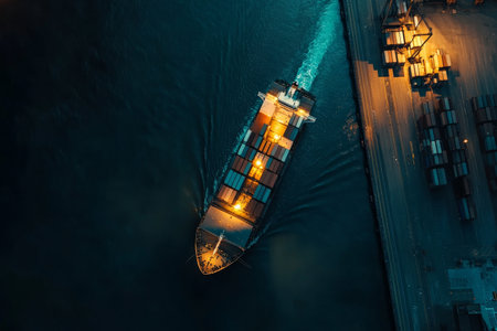 Aerial perspective of a modern container ship at a busy seaport and cargo terminal for global tradeの写真素材