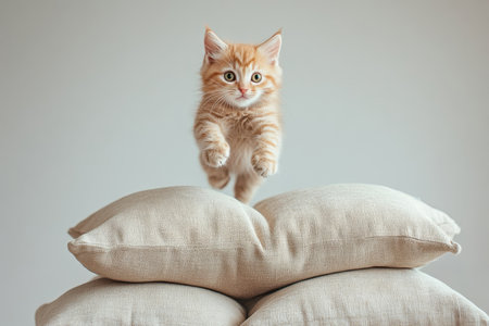 Adorable kitten leaping over three beige pillows against a soft gray backdrop in a charming photoの写真素材