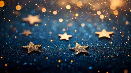 Elegant festive background featuring golden stars and bokeh lights on dark blue for holiday designsの写真素材