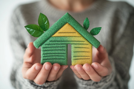 Individual displaying energy efficiency chart with house icon and green leaves on clean backgroundの写真素材