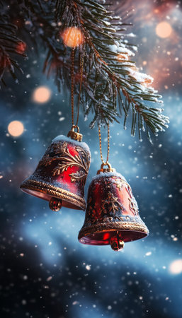 Close up of red and black christmas bells hanging on a tree with blurred background and snowfall
