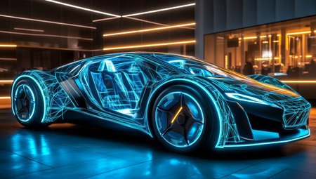 Futuristic electric car featuring holographic blue lights against a vibrant digital grid background