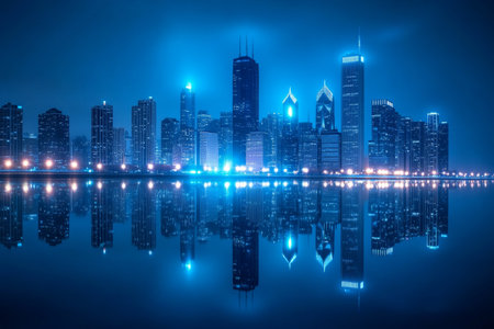 Stunning nighttime chicago skyline reflected in lake michigan with a dominant blue hueのeditorial素材