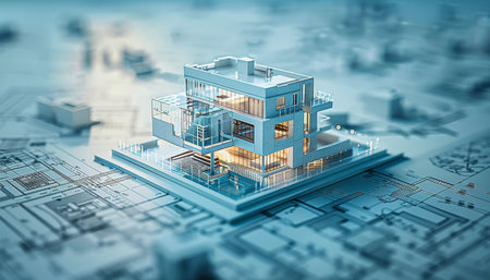 Modern house blueprint collage with architectural drawings in a blue color paletteの写真素材
