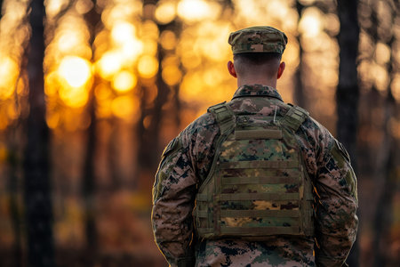 American soldier in camouflage uniform stands outdoors with blurred forest background for text space
