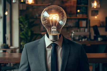 Businessman with light bulb head represents innovative ideas in modern office cafe settingの写真素材