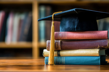 Close up of stack of books with graduation cap on table, ideal for banner mockup conceptの写真素材