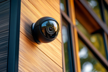 Cinematic close up of a modern black security camera mounted on home exterior during golden hourの写真素材