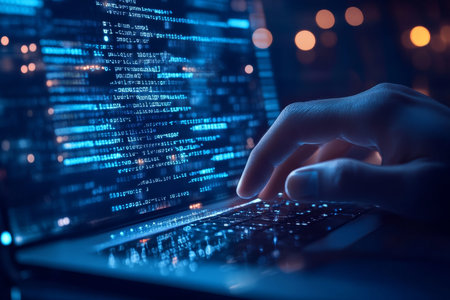 Exploring digital technology a hand interacting with a laptop amidst data codes on a virtual screen