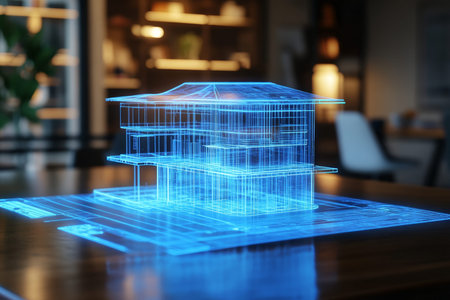 3d virtual hologram blueprints of a real estate project displayed on a table in a modern office