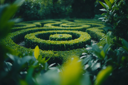 A garden hedge maze symbolizing life's journey navigating obstacles to find clarity at the fountainの写真素材