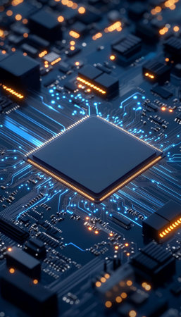 Circuit board with glowing blue lines and central processor, illustrating advanced electronics tech