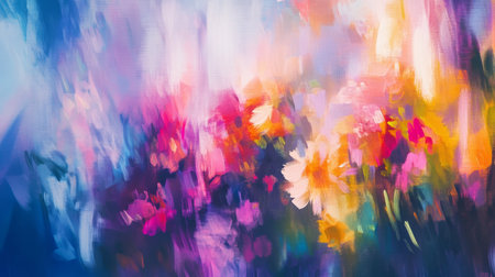 Colorful abstract painting with blurred figures, plants, and flowers in vibrant impressionist styleの写真素材