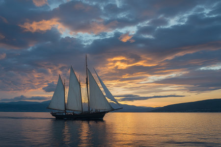 Sailboat gliding on serene waters at sunset with colorful sky and reflective lightの写真素材