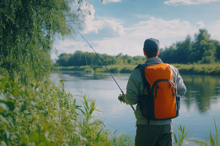 Man in casual attire with orange backpack fishing by riverbank on a sunny day surrounded by greenery