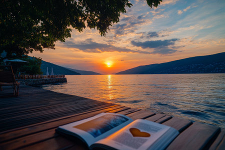 Heart shaped cut out on book against sunset and seaの写真素材