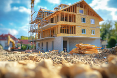 Construction site of a new house with materials and equipment on a sunny day in a village settingの写真素材