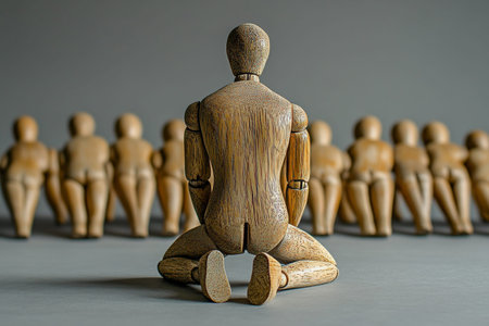 A solemn figure kneeling among wooden mannequins, illustrating emotional pain and isolation
