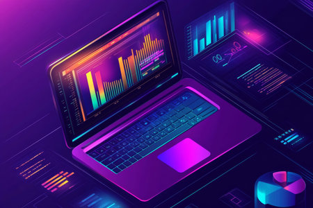 Futuristic laptop with dynamic data visualizations on a dark purple background for analysis