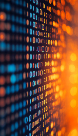 Close up of binary code on digital screen with orange and blue gradient and bokeh effect