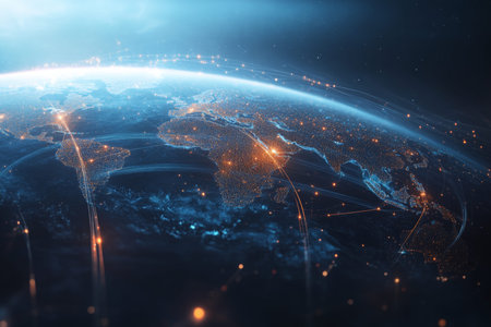 Futuristic digital world map with global network connections on blue background for business use
