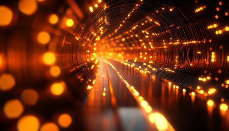 Futuristic 3d tunnel design with bokeh lights in orange and yellow for banners and posters