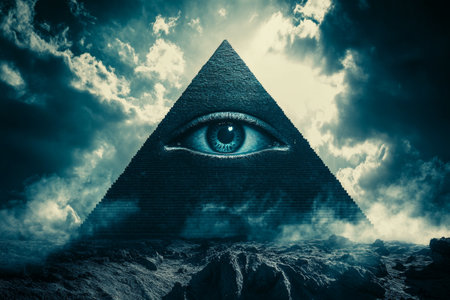 Surreal pyramid with eye above a captivating website studio banner in fantasy realmの写真素材