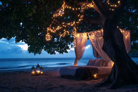 Cozy romantic beach bed under canopy with fairy lights and lanterns creating a dreamy atmosphereの写真素材