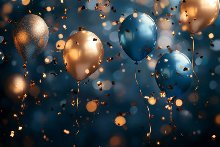 Elegant festive backdrop with golden and blue balloons, confetti, and a bokeh light effectの写真素材