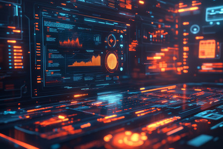 Futuristic digital interface with holographic data visualizations for ai driven marketing successの写真素材