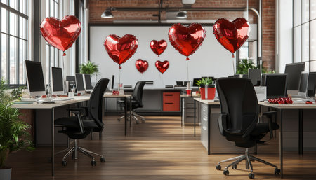 Festive modern office space for valentine's day with heart balloons and sleek furniture arrangementの写真素材