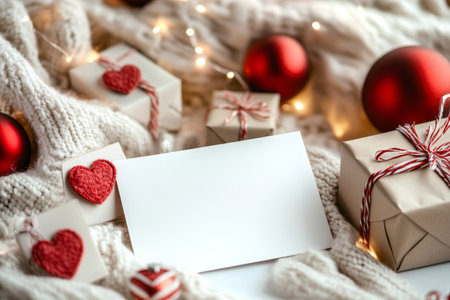 Valentine's day a5 card mockup surrounded by hearts, gifts, and bokeh lights for a romantic touchの写真素材