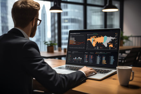 Professional using ai dashboard to enhance digital marketing strategies in office environment