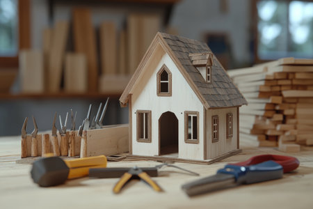 A cozy workspace woodworking tools and materials for home renovation and diy projectsの写真素材