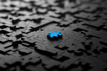 Black and white puzzle with one blue piece on light background a concept for successの写真素材
