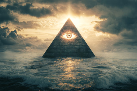 Illuminati pyramid with all seeing eye above ocean, glowing light and cloudy background