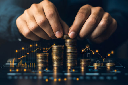 Businessman stacking coins with growing graph and house icons a concept for real estate successの写真素材