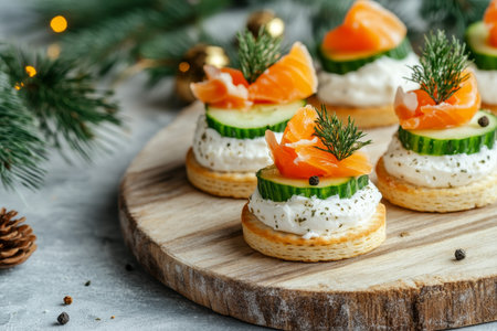 Delicious canap s cream cheese, cucumber, and salmon on round crackers for festive celebrationsの写真素材