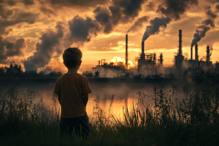 A young boy observes an industrial plant at sunset amidst nature s serenity and smoke stacks