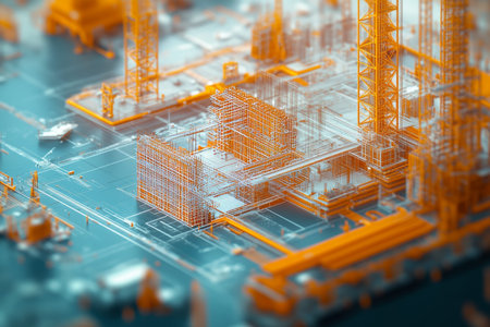 Aerial view of a construction site with blueprints and digital hologram on white background